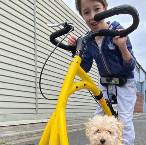 young boy on alinker with his dog