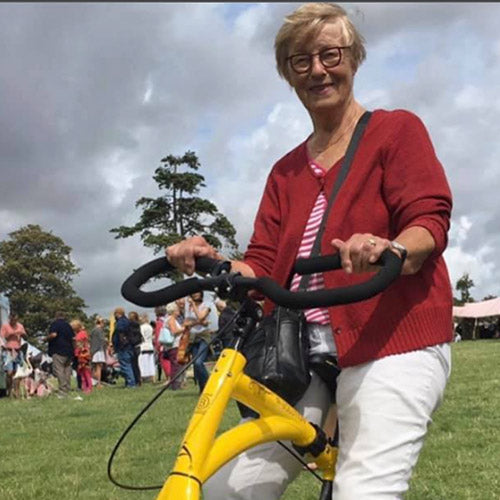 Rider on an Alinker in a field — back in charge